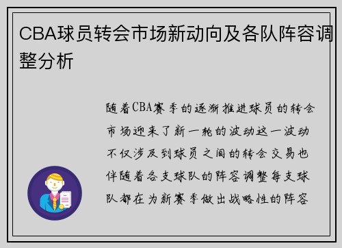 CBA球员转会市场新动向及各队阵容调整分析