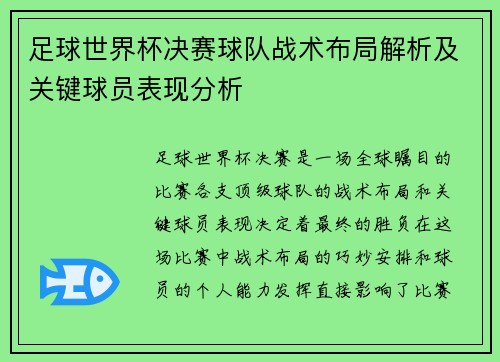 足球世界杯决赛球队战术布局解析及关键球员表现分析