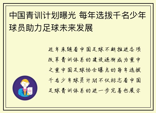 中国青训计划曝光 每年选拔千名少年球员助力足球未来发展